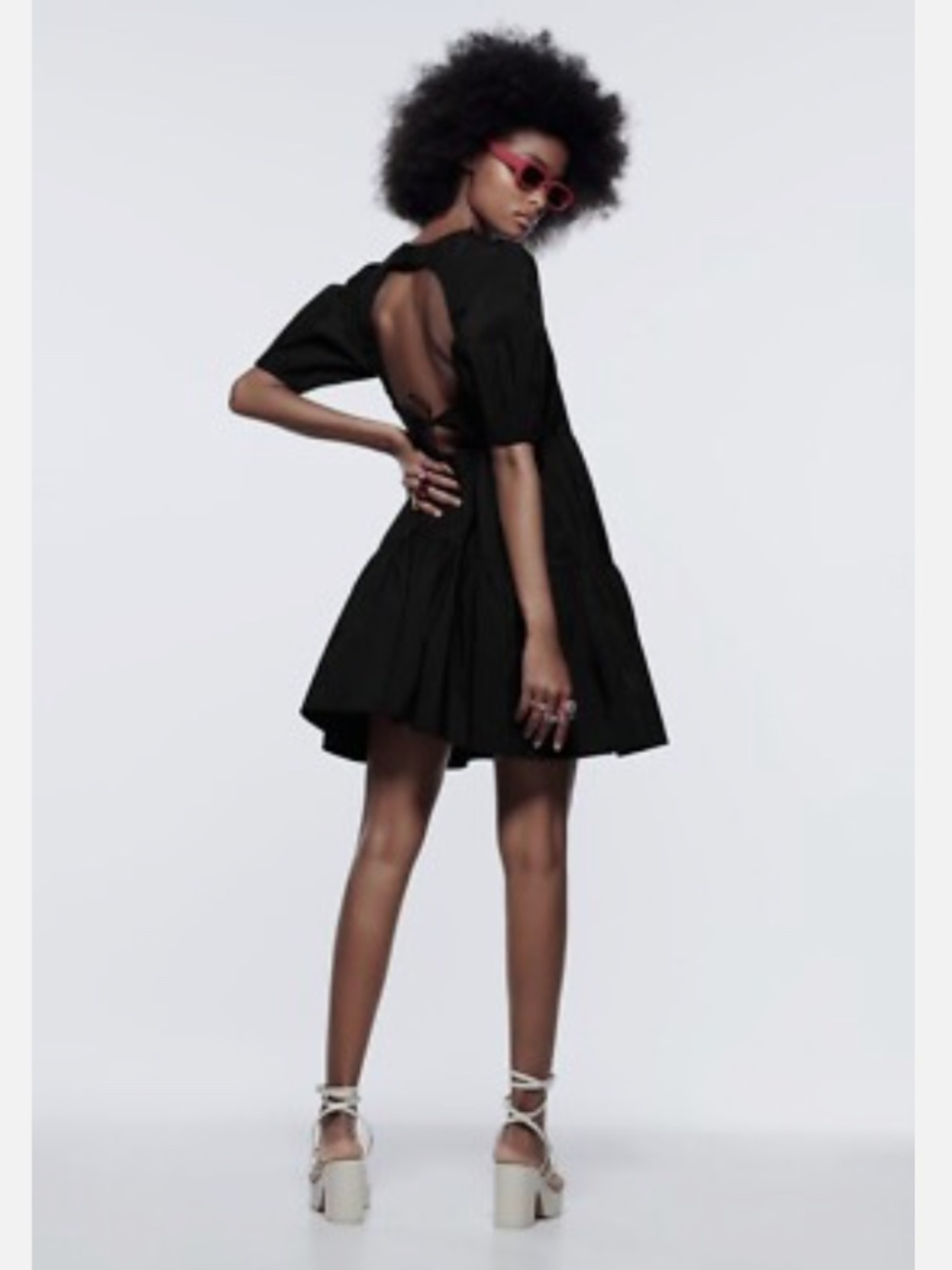 Zara Black Puff Sleeve Tiered Poplin Tie Detail Open Back Mini Dress